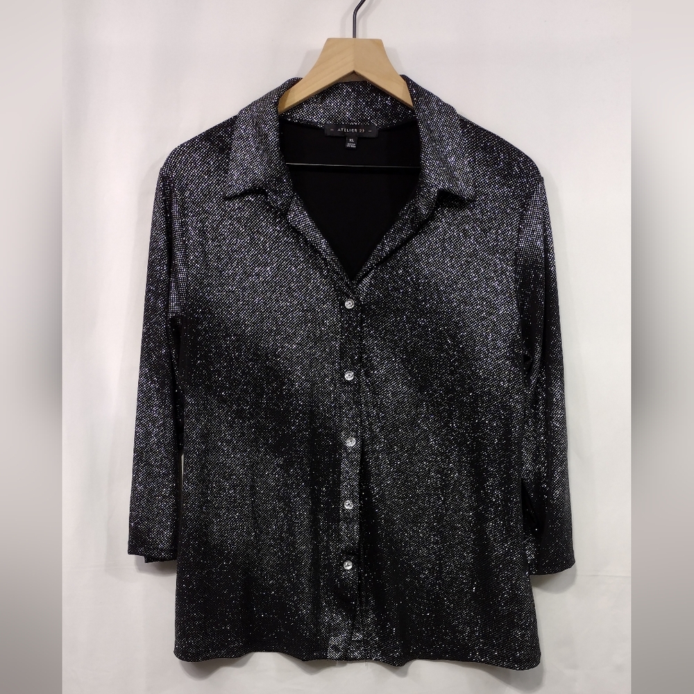 Atelier 29 Glitter Boho Button Top Women's XL Black Silver Retro Grunge Disco
